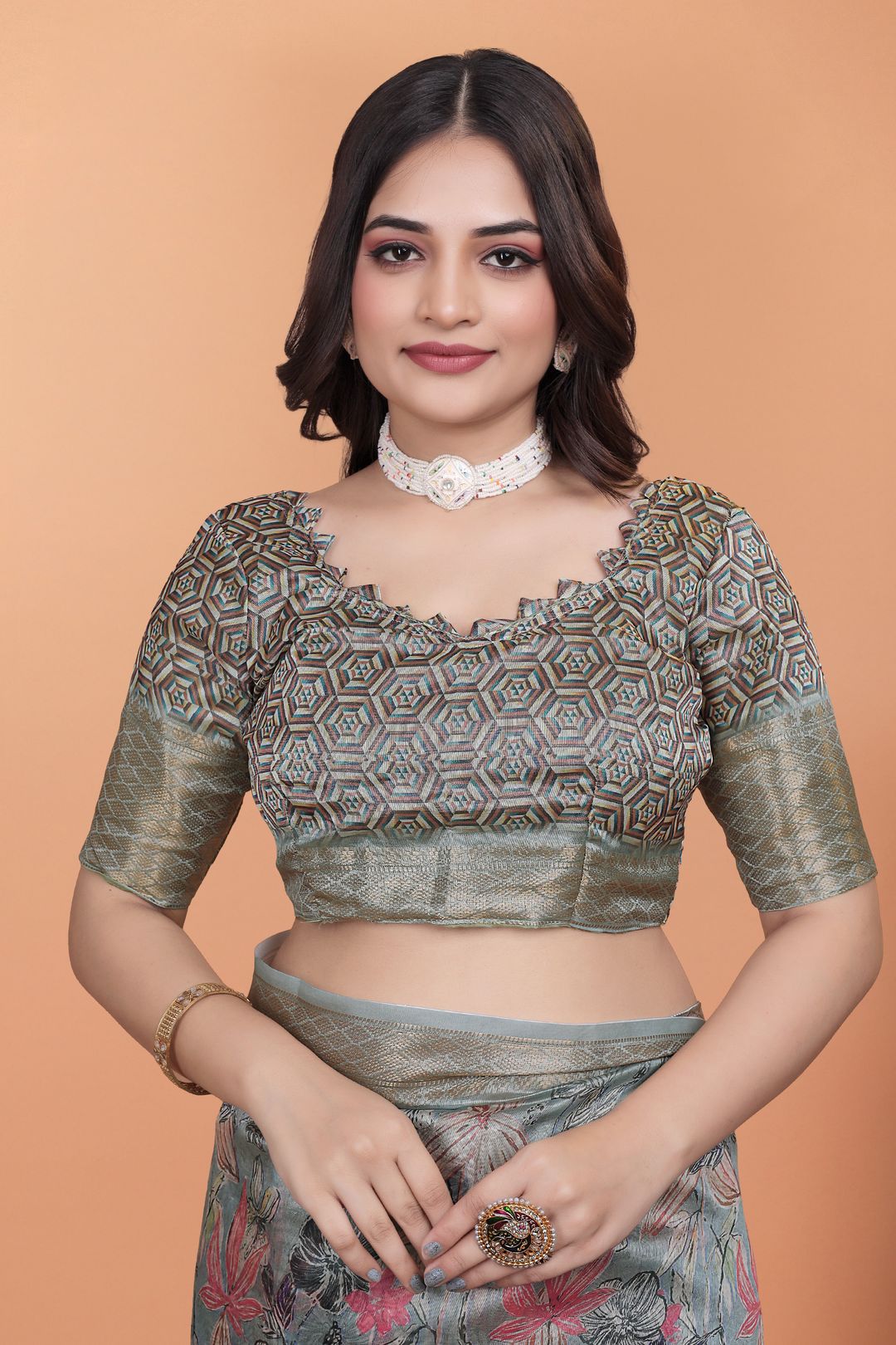 Buy Grey Floral Printed Cotton Saree with Decorative Border