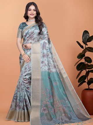Pastel Blue Printed Cotton Saree with Floral Pallu & Border