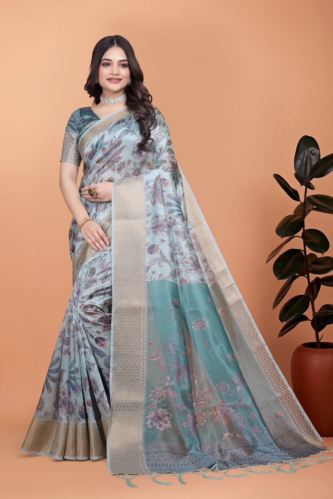 Pastel Blue Printed Cotton Saree with Floral Pallu & Border