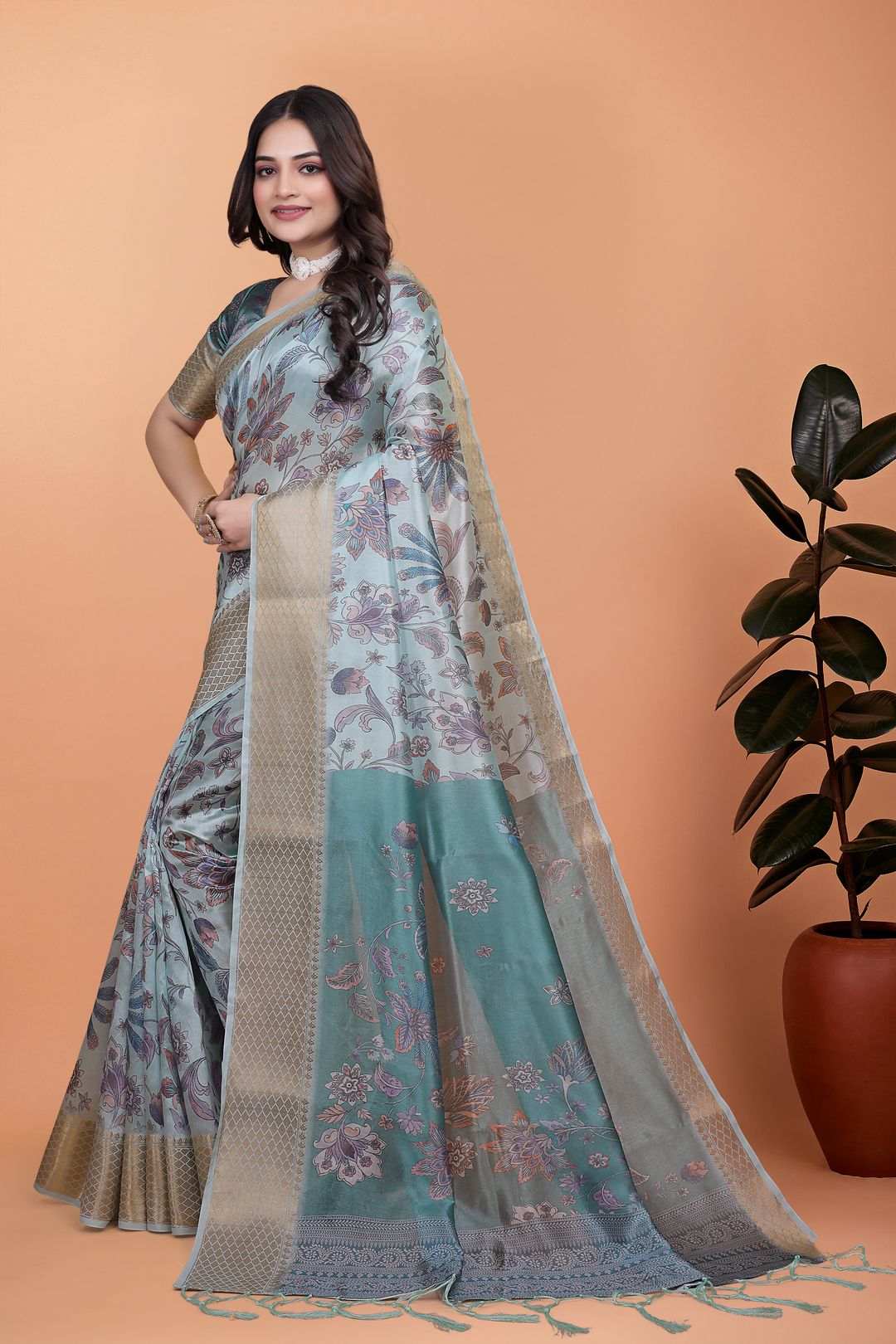 Pastel Blue Printed Cotton Saree with Floral Pallu & Border