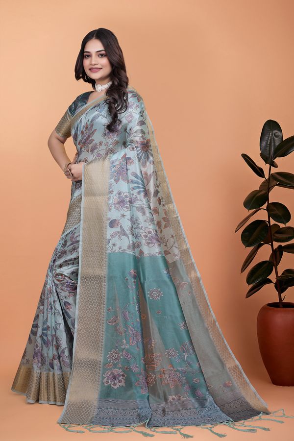 Pastel Blue Printed Cotton Saree with Floral Pallu & Border