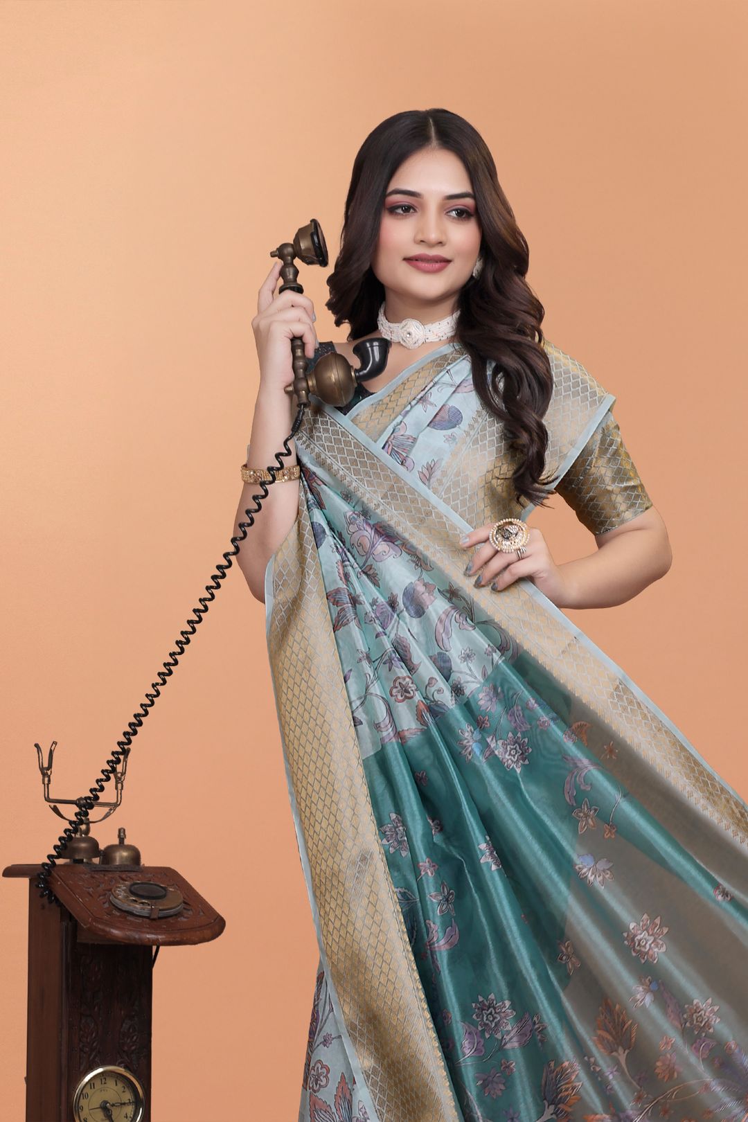 Pastel Blue Printed Cotton Saree with Floral Pallu & Border