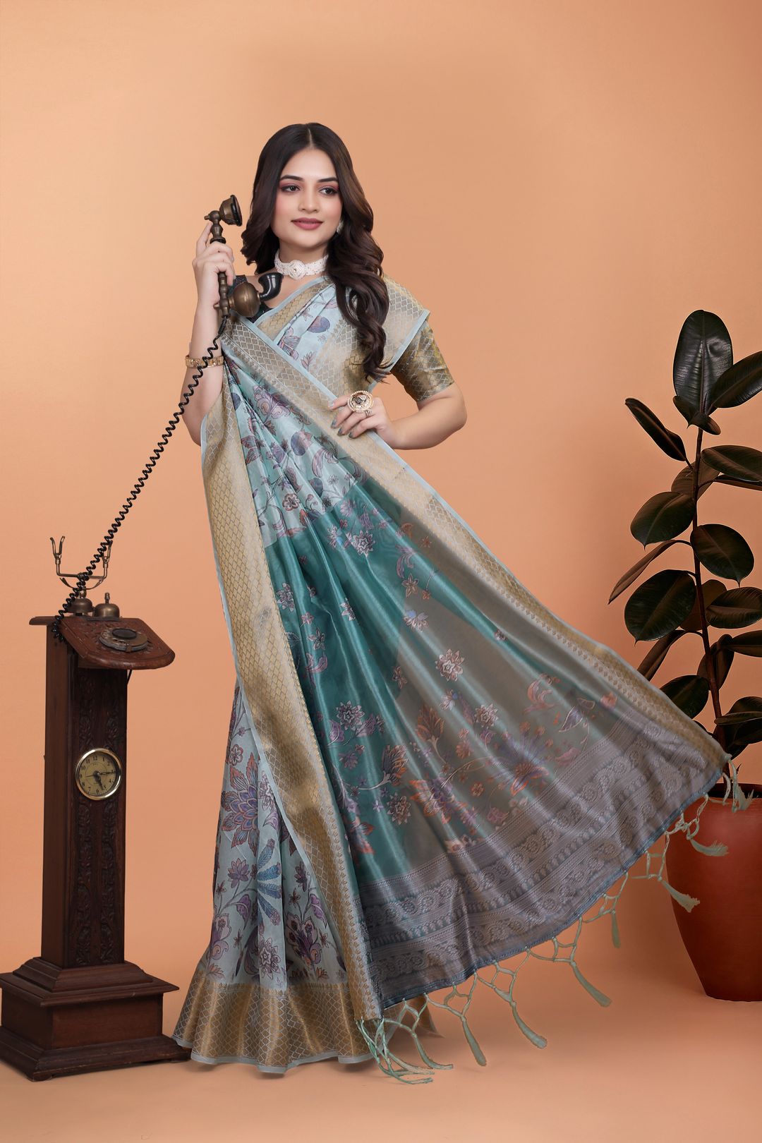 Pastel Blue Printed Cotton Saree with Floral Pallu & Border
