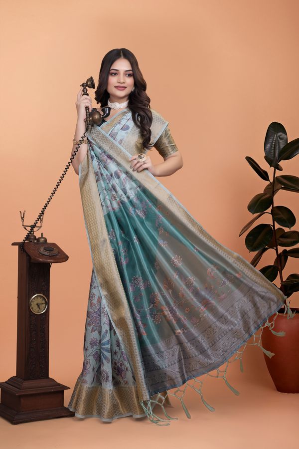 Pastel Blue Printed Cotton Saree with Floral Pallu & Border