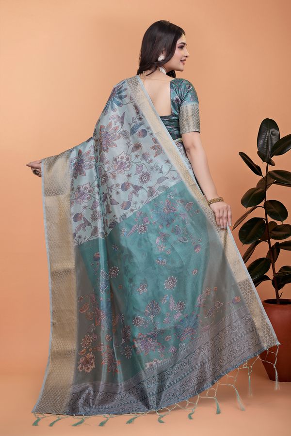Pastel Blue Printed Cotton Saree with Floral Pallu & Border