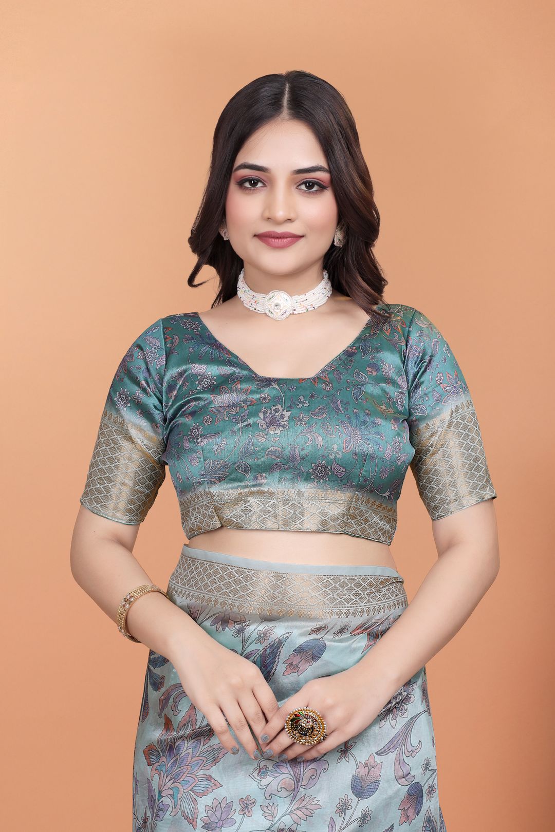 Pastel Blue Printed Cotton Saree with Floral Pallu & Border