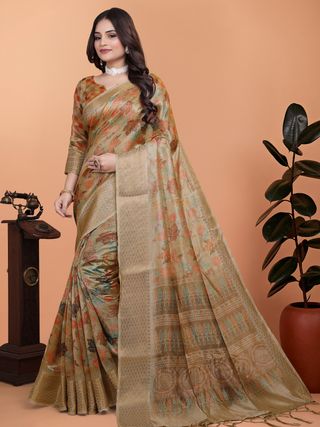 Olive Beige Floral Cotton Saree with Woven Pallu Border