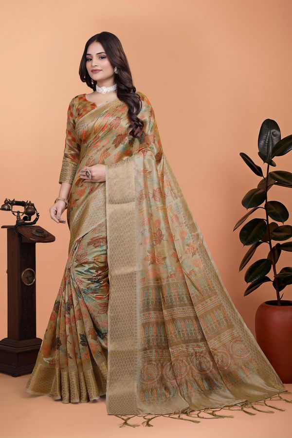 Olive Beige Floral Cotton Saree with Woven Pallu Border