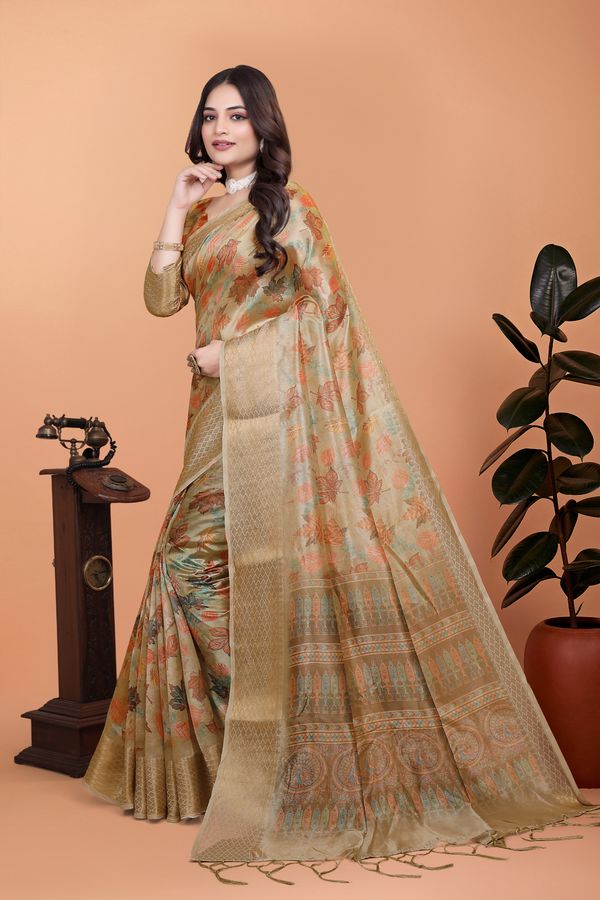 Olive Beige Floral Cotton Saree with Woven Pallu Border