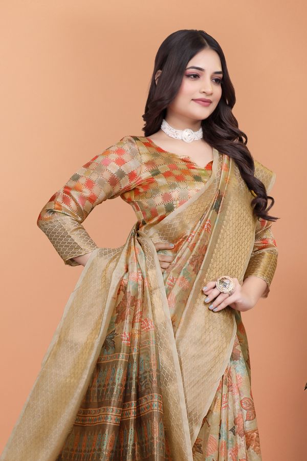 Olive Beige Floral Cotton Saree with Woven Pallu Border