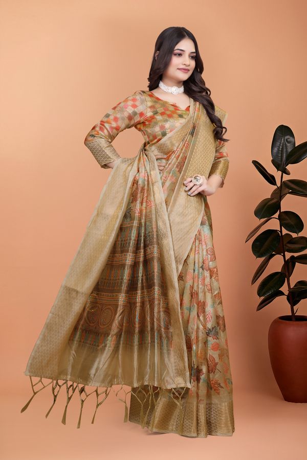 Olive Beige Floral Cotton Saree with Woven Pallu Border