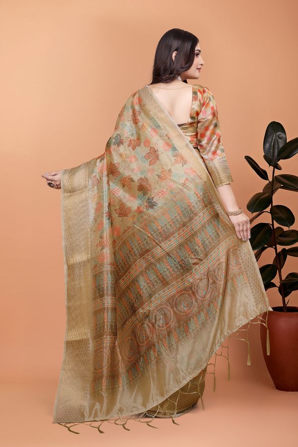 Olive Beige Floral Cotton Saree with Woven Pallu Border