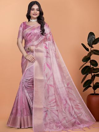 Pink Floral Cotton Saree with Woven Border, Tassels & Print