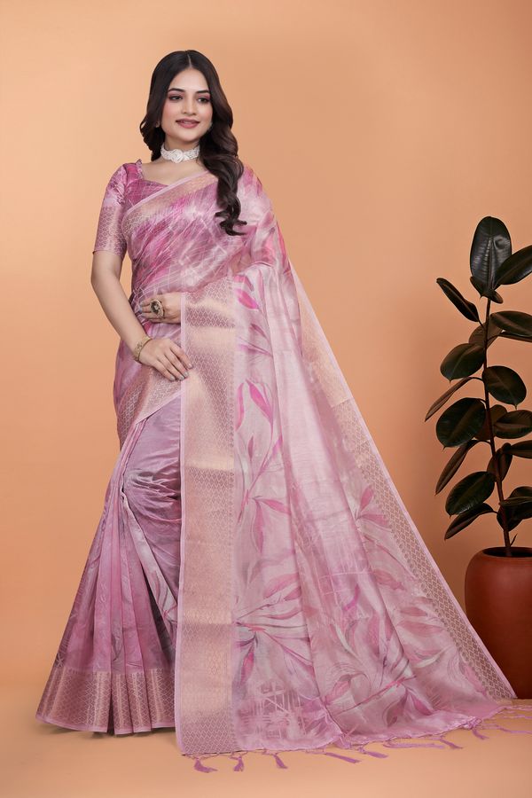 Pink Floral Cotton Saree with Woven Border, Tassels & Print