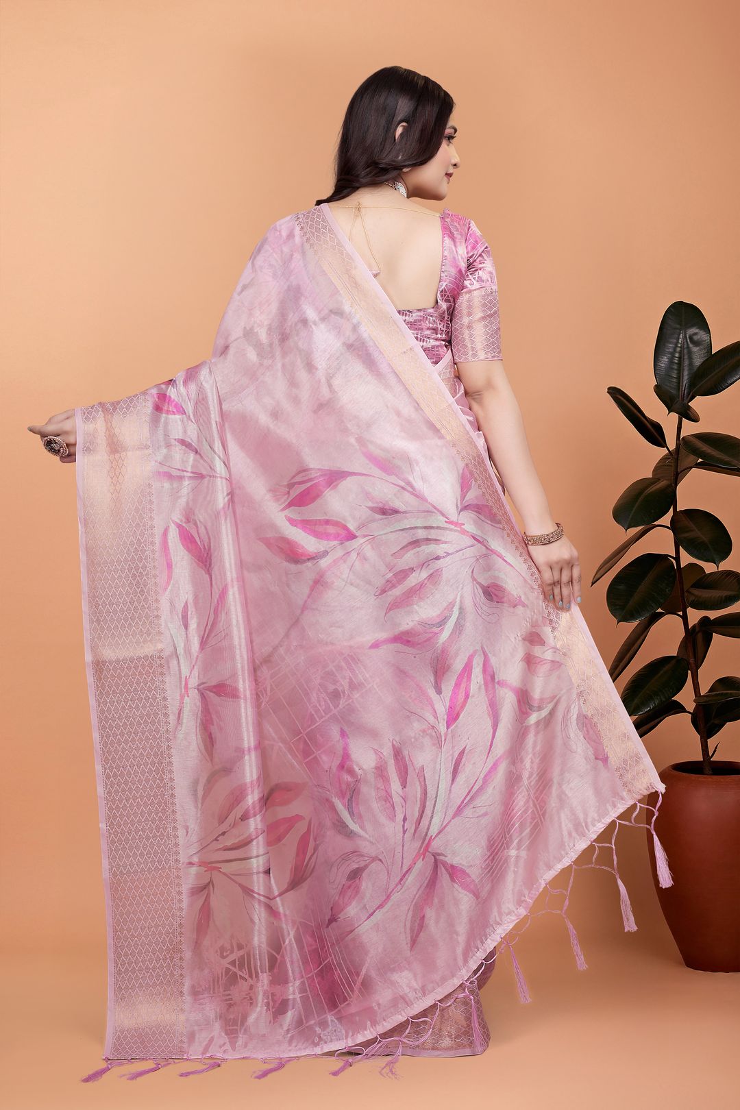 Pink Floral Cotton Saree with Woven Border, Tassels & Print