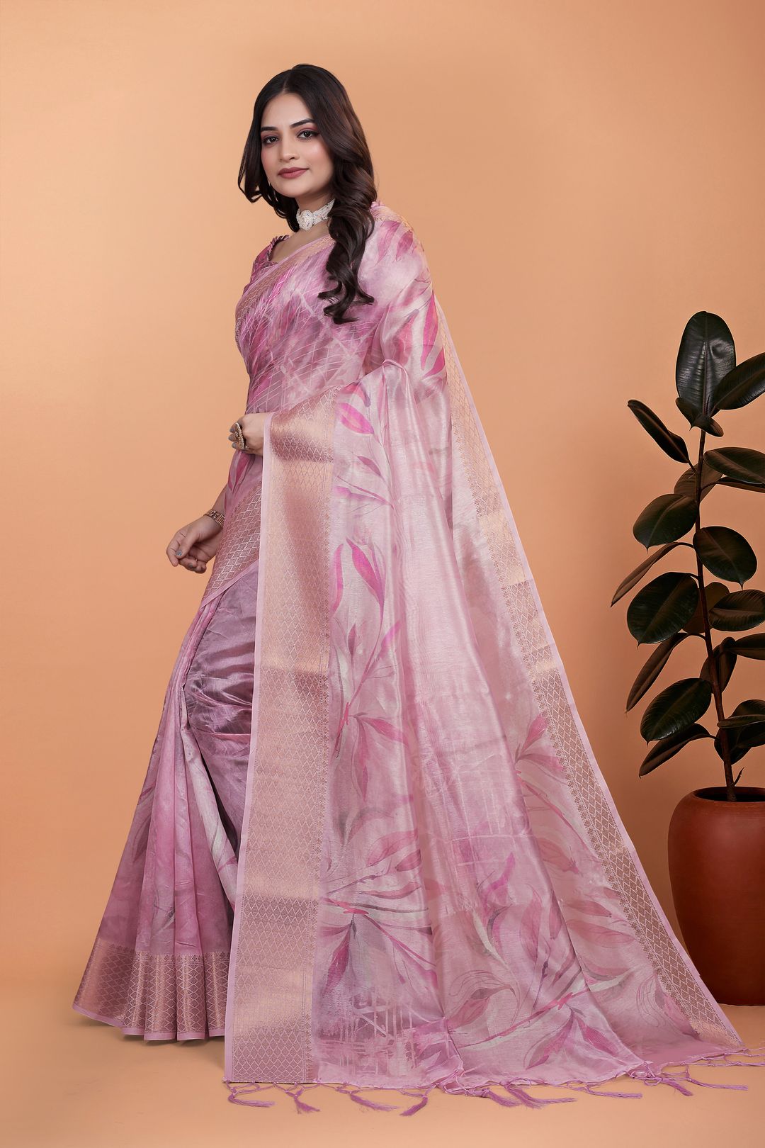 Pink Floral Cotton Saree with Woven Border, Tassels & Print