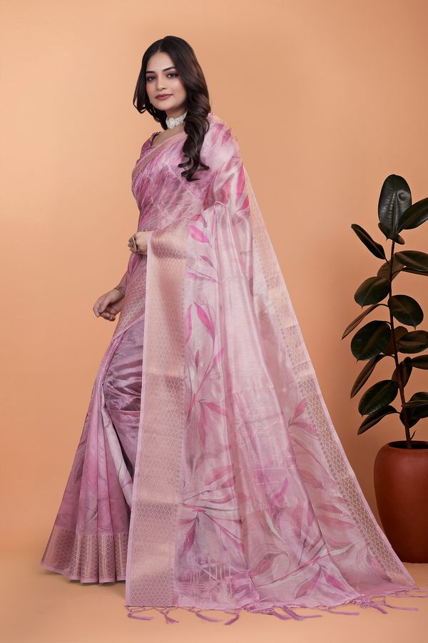 Pink Floral Cotton Saree with Woven Border, Tassels & Print