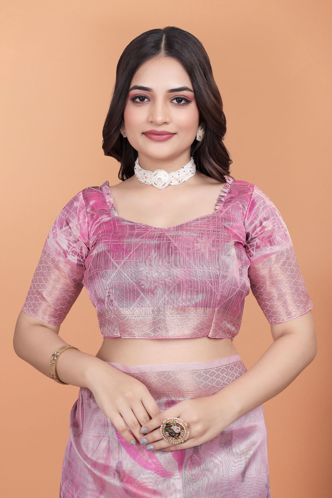 Pink Floral Cotton Saree with Woven Border, Tassels & Print