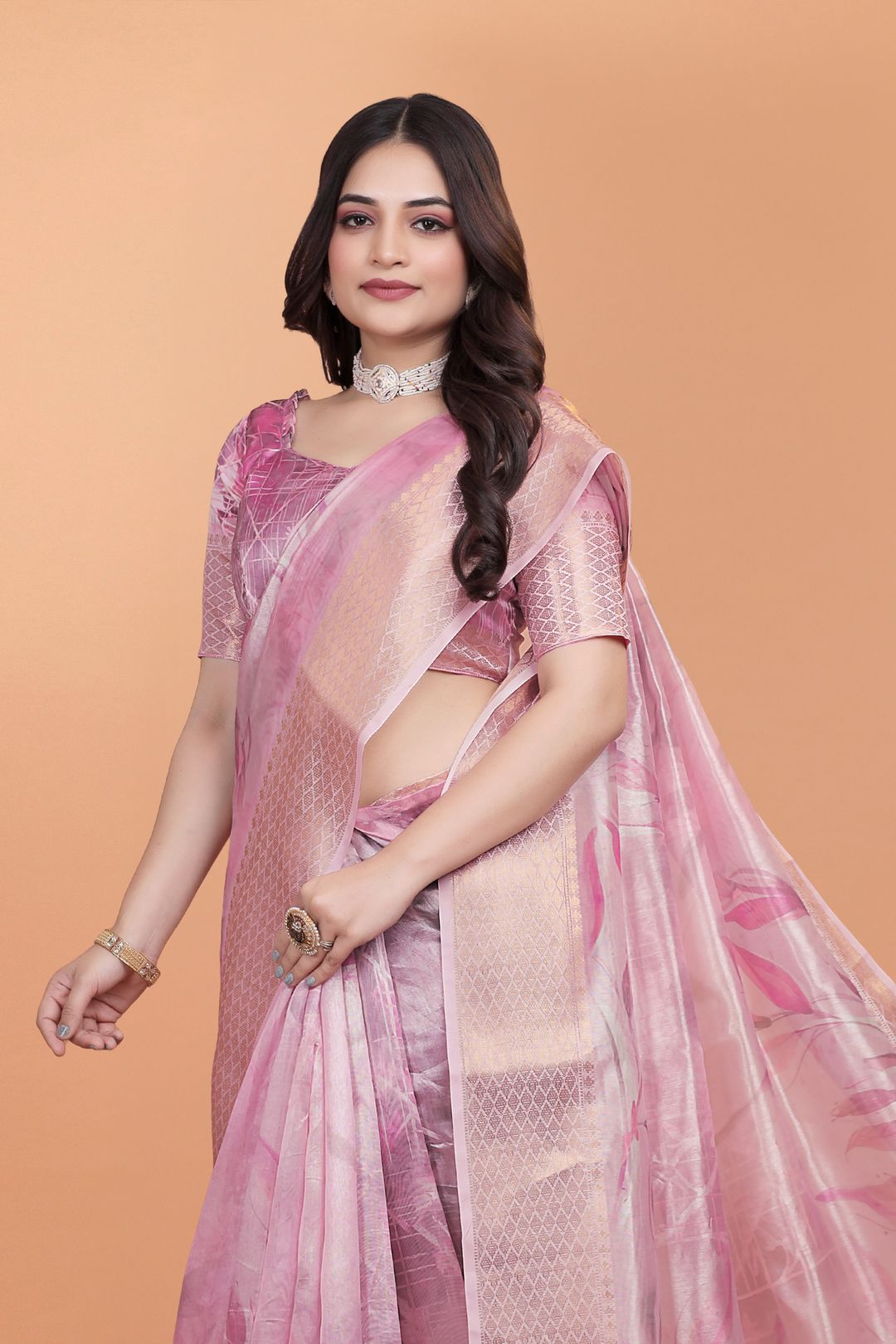 Pink Floral Cotton Saree with Woven Border, Tassels & Print