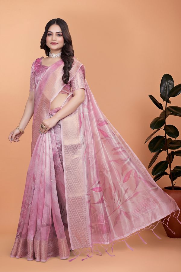Pink Floral Cotton Saree with Woven Border, Tassels & Print