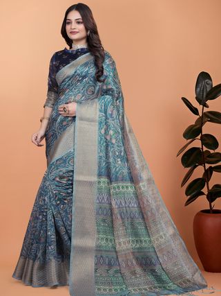 Teal Blue Floral Cotton Saree with Woven Border and Tassels