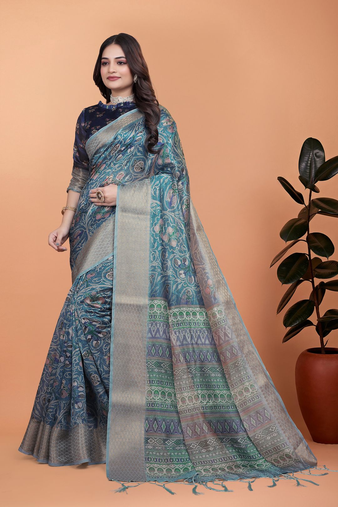 Teal Blue Floral Cotton Saree with Woven Border and Tassels