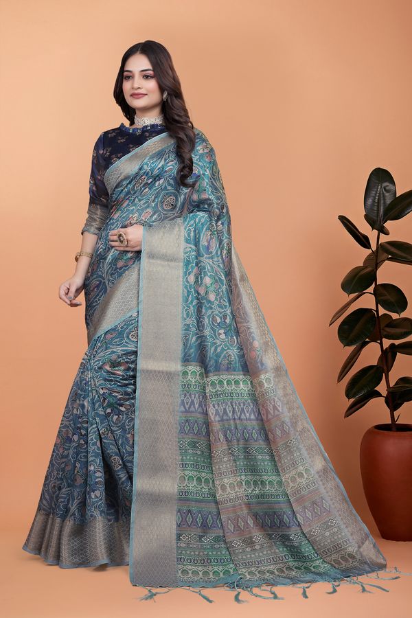 Teal Blue Floral Cotton Saree with Woven Border and Tassels