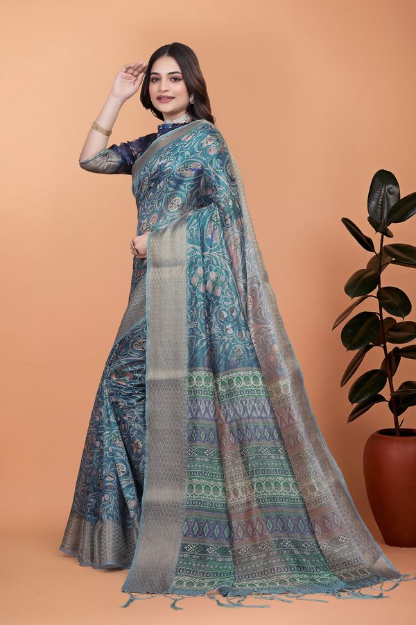 Teal Blue Floral Cotton Saree with Woven Border and Tassels