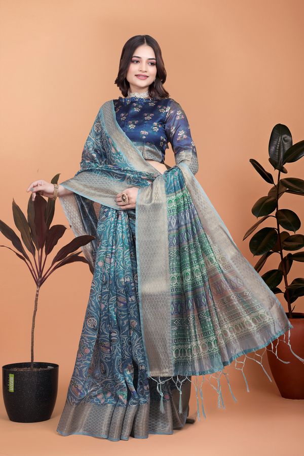 Teal Blue Floral Cotton Saree with Woven Border and Tassels