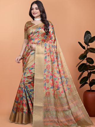 Multicolor Floral Cotton Saree with Woven Border and Tassel
