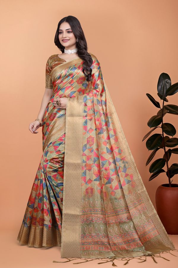 Multicolor Floral Cotton Saree with Woven Border and Tassel