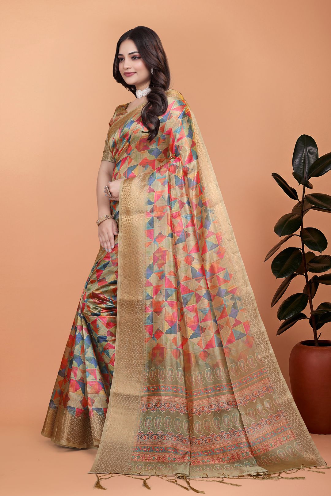 Multicolor Floral Cotton Saree with Woven Border and Tassel