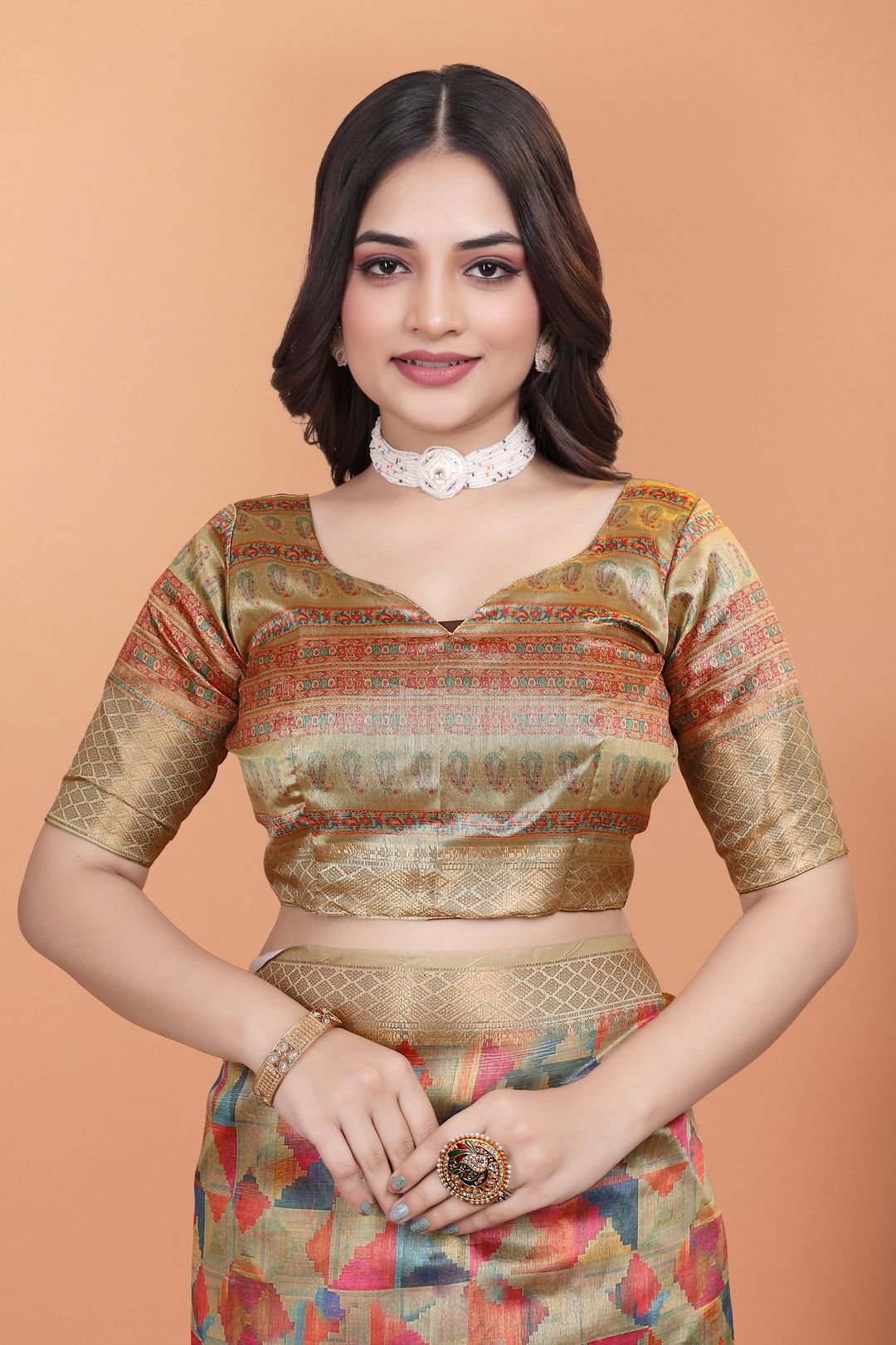 Multicolor Floral Cotton Saree with Woven Border and Tassel