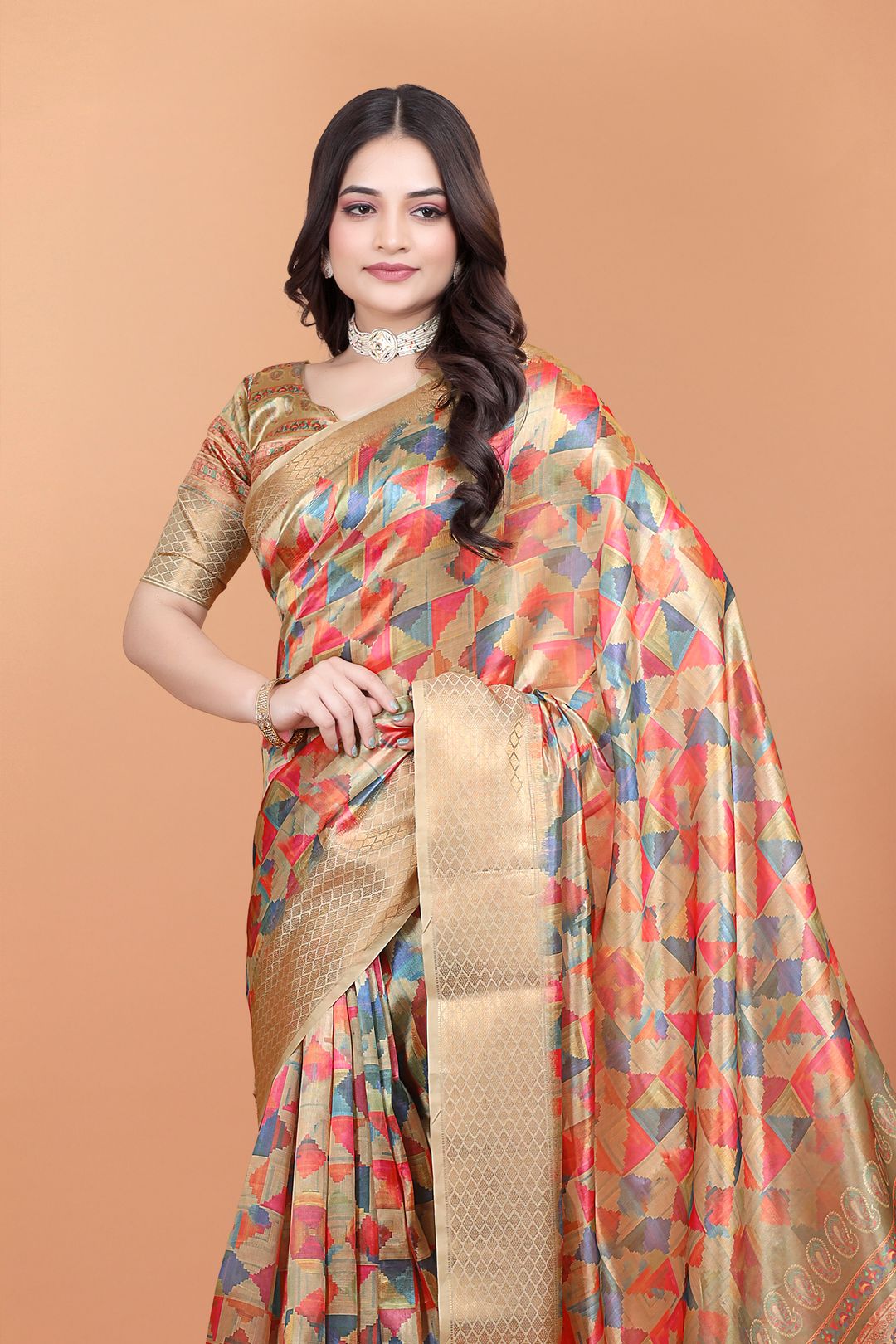 Multicolor Floral Cotton Saree with Woven Border and Tassel