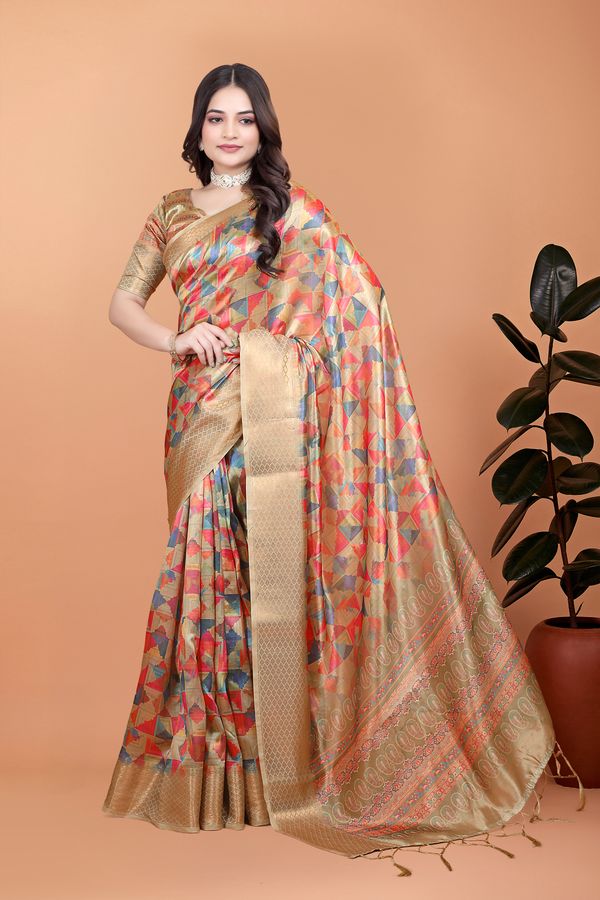 Multicolor Floral Cotton Saree with Woven Border and Tassel