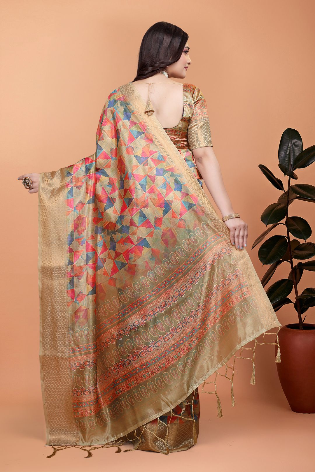 Multicolor Floral Cotton Saree with Woven Border and Tassel