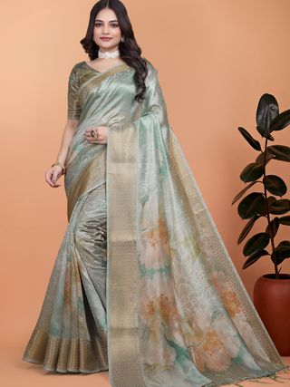 Pastel Green Floral Cotton Saree with Elegant Woven Borders