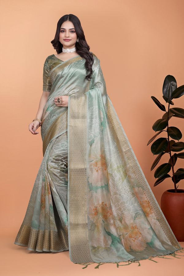 Pastel Green Floral Cotton Saree with Elegant Woven Borders