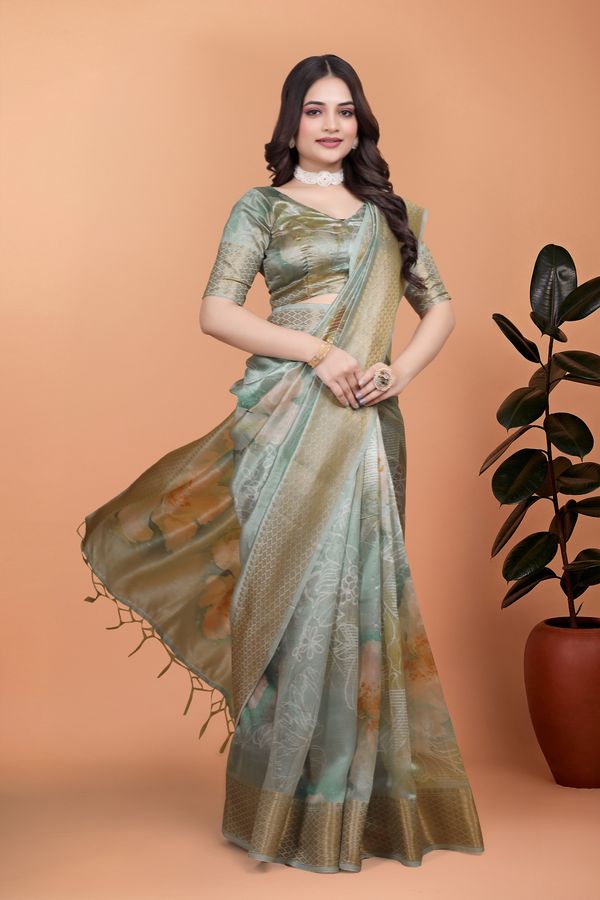 Pastel Green Floral Cotton Saree with Elegant Woven Borders