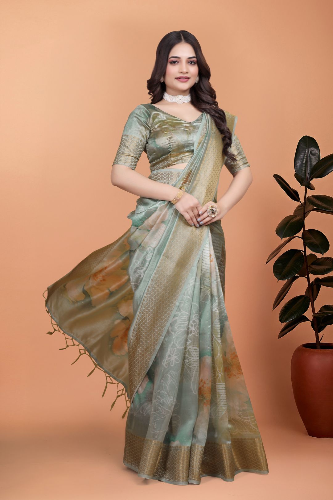 Pastel Green Floral Cotton Saree with Elegant Woven Borders