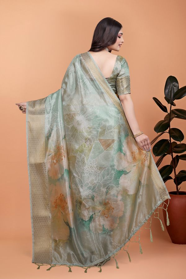 Pastel Green Floral Cotton Saree with Elegant Woven Borders