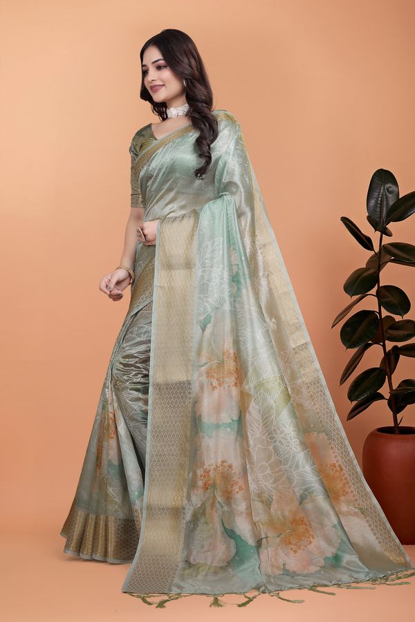 Pastel Green Floral Cotton Saree with Elegant Woven Borders