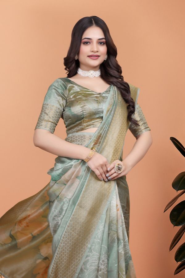 Pastel Green Floral Cotton Saree with Elegant Woven Borders