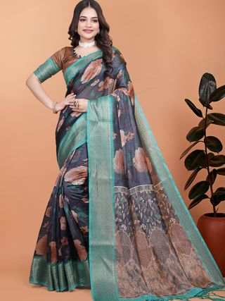 Mint Green Floral Cotton Saree with Woven Golden Edges Wear