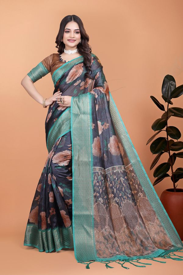 Mint Green Floral Cotton Saree with Woven Golden Edges Wear