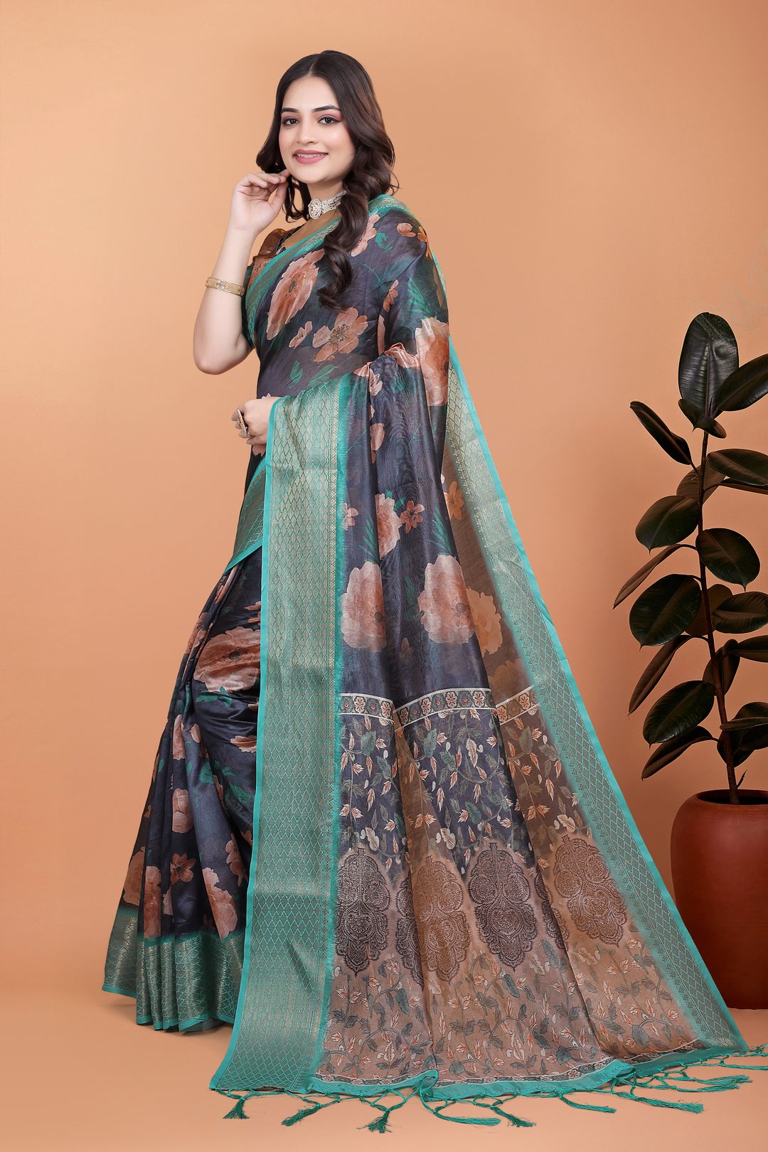 Mint Green Floral Cotton Saree with Woven Golden Edges Wear