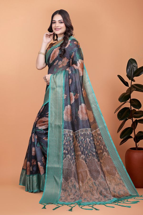 Mint Green Floral Cotton Saree with Woven Golden Edges Wear
