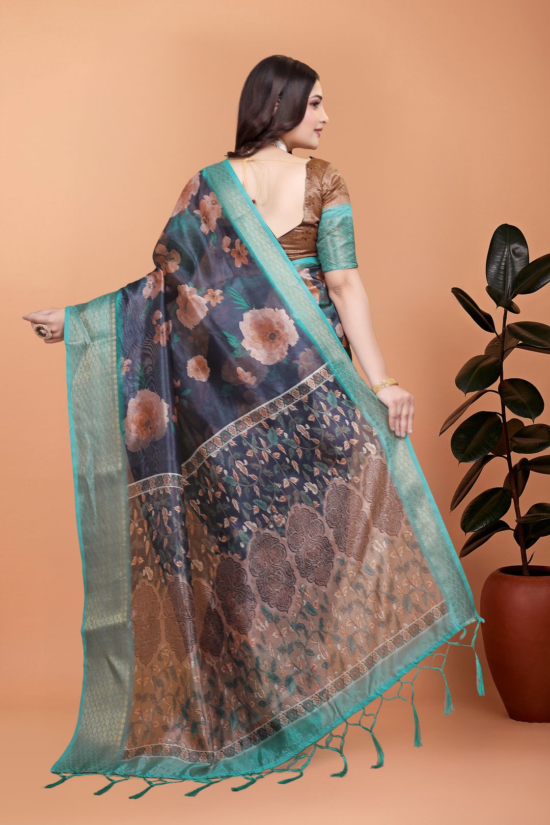 Mint Green Floral Cotton Saree with Woven Golden Edges Wear