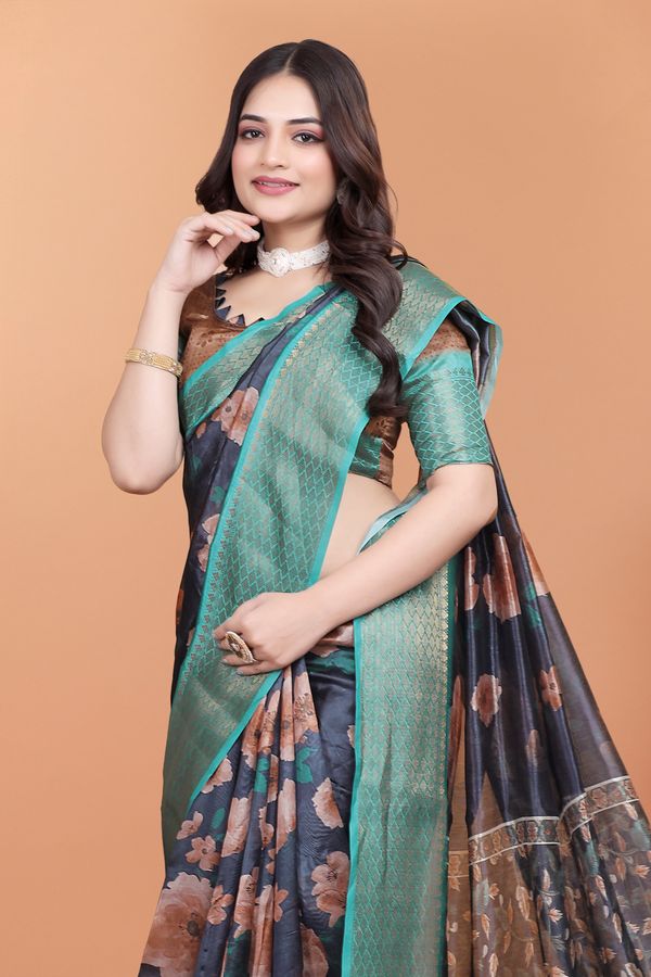 Mint Green Floral Cotton Saree with Woven Golden Edges Wear