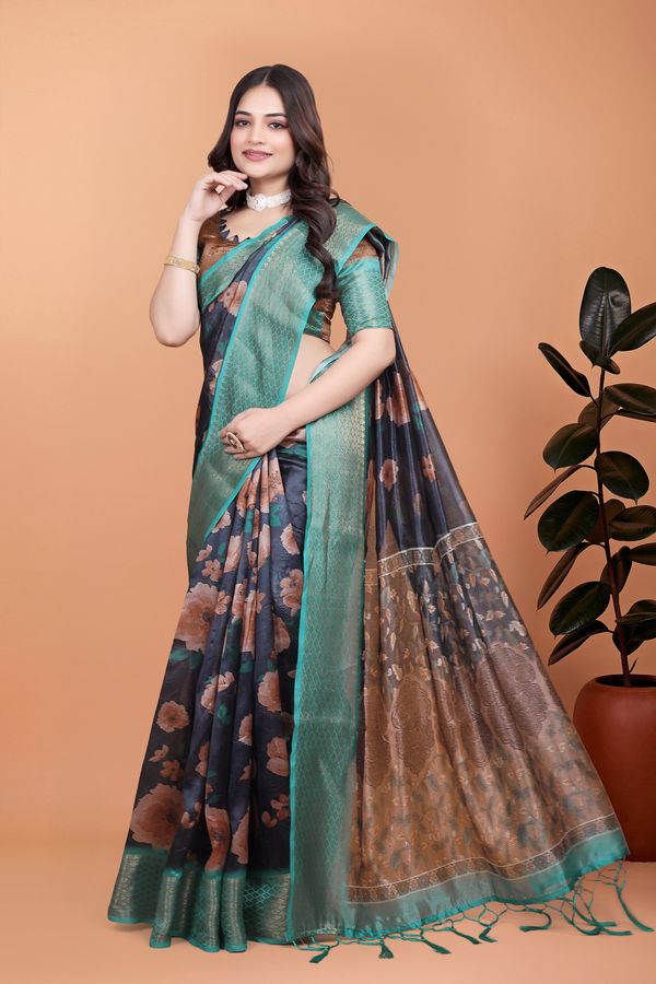 Mint Green Floral Cotton Saree with Woven Golden Edges Wear